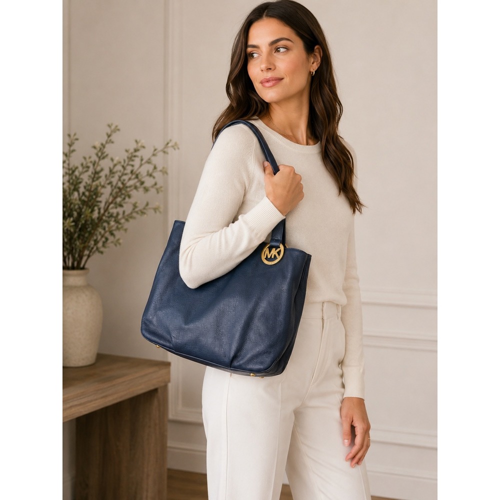 Michael Kors Fulton Navy Blue Pebbled Leather Shoulder Bag Gold‎ MK Logo Tote
